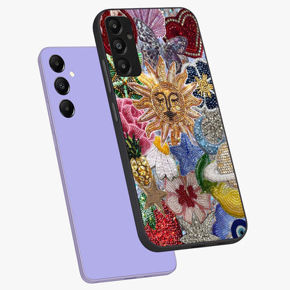 Celestial Floral and Playful Glass Case displayed in angled mockup highlighting playful floral design with dreamy celestial elements.