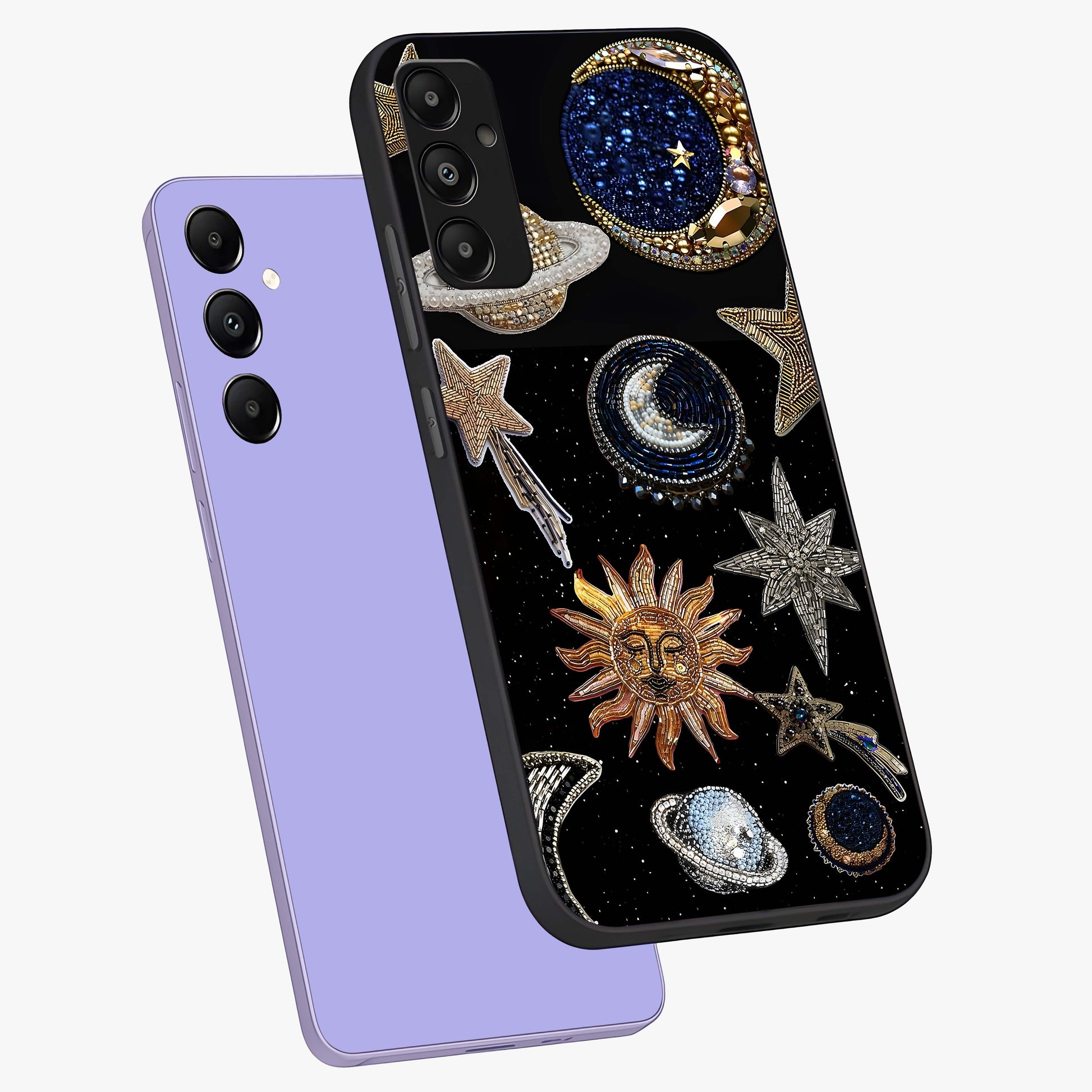 Celestial Gem Constellations Glass Case displayed in angled mockup highlighting gemstone inspired constellation design.