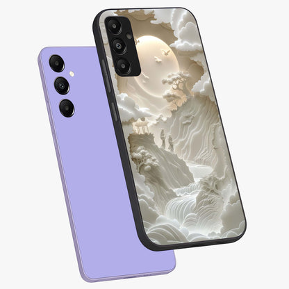 Celestial Origami Glass Case displayed in angled mockup highlighting geometric origami design with cosmic aesthetic theme.
