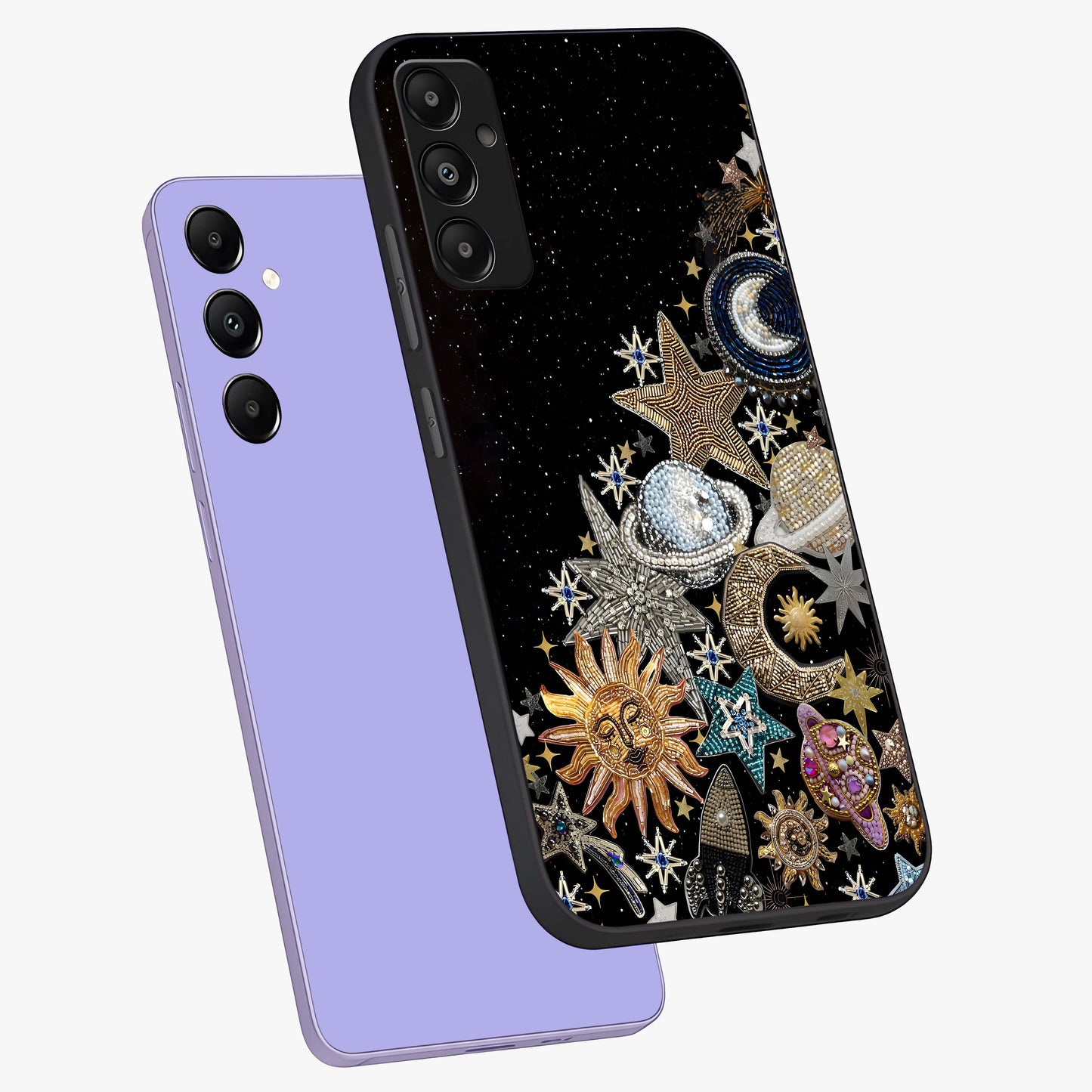 Cosmic Sparkle Dreams Glass Case displayed in angled mockup highlighting dreamy star sparkle design with celestial aesthetic.