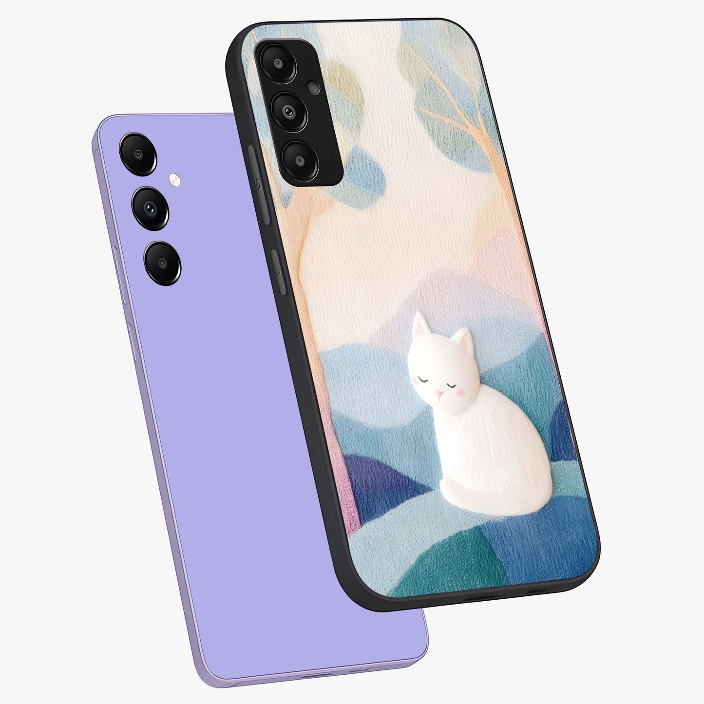 Cotton Dream Cat Glass Case displayed in angled mockup highlighting cute feline illustration with pastel aesthetic style.