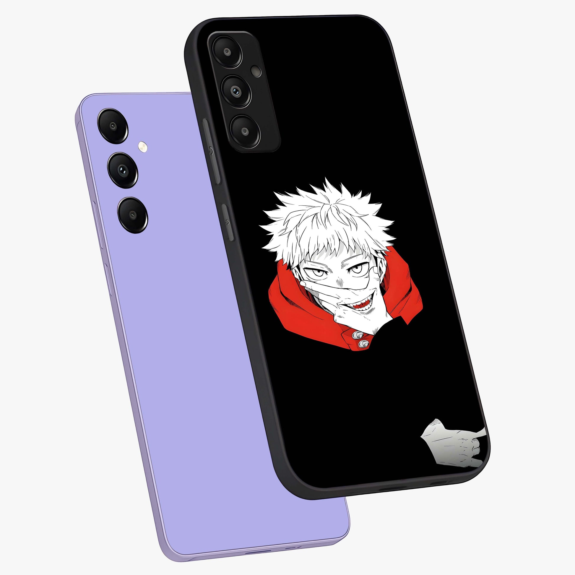 Crimson Chaos Smile Glass Case displayed in angled mockup highlighting edgy crimson smile design with graphic aesthetic.