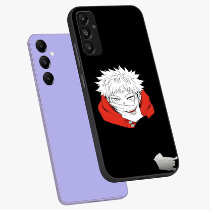 Crimson Chaos Smile Glass Case displayed in angled mockup highlighting edgy crimson smile design with graphic aesthetic.