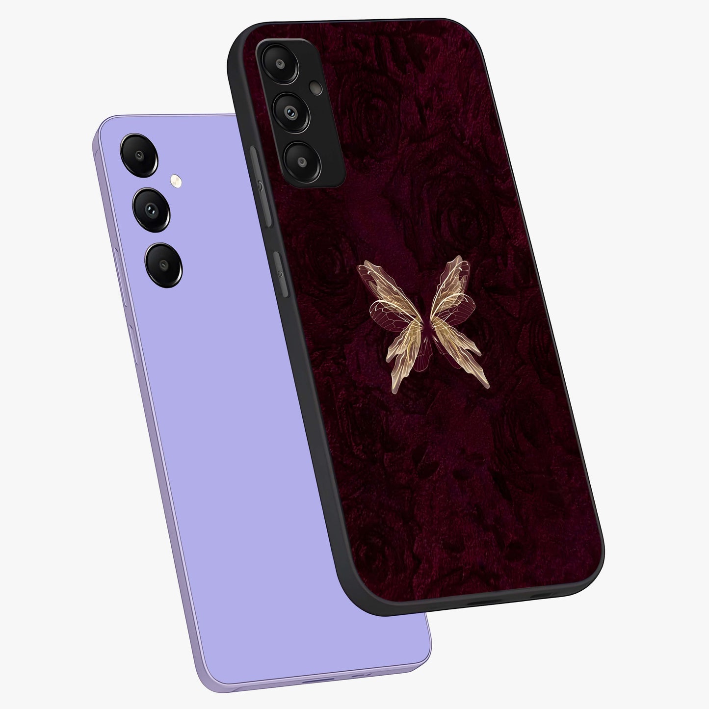 Crimson Fade Butterfly Glass Case displayed in angled mockup highlighting elegant butterfly design with crimson gradient aesthetic.