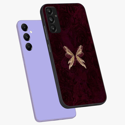 Crimson Fade Butterfly Glass Case displayed in angled mockup highlighting elegant butterfly design with crimson gradient aesthetic.