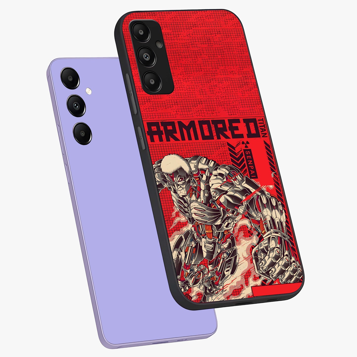 Crimson Mecha Titan Glass Case displayed in angled mockup highlighting futuristic mech illustration with bold crimson aesthetic.