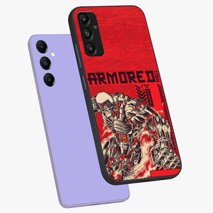 Crimson Mecha Titan Glass Case displayed in angled mockup highlighting futuristic mech illustration with bold crimson aesthetic.