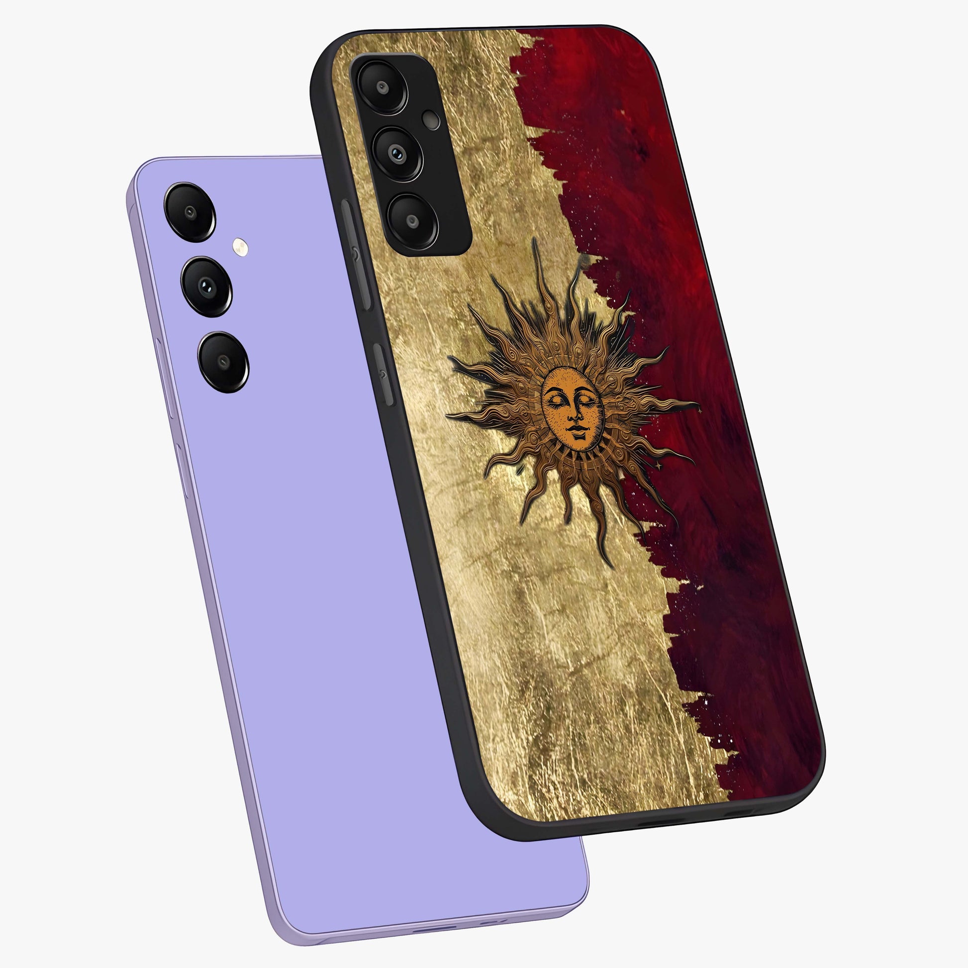 Crimson Sun Majesty Glass Case displayed in angled mockup highlighting majestic crimson sun design with bold aesthetic style.