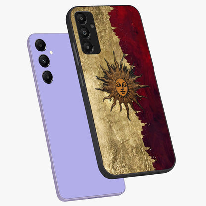 Crimson Sun Majesty Glass Case displayed in angled mockup highlighting majestic crimson sun design with bold aesthetic style.