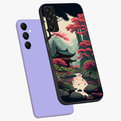 Crimson Temple View Glass Case displayed in angled mockup highlighting traditional temple illustration with crimson aesthetic.
