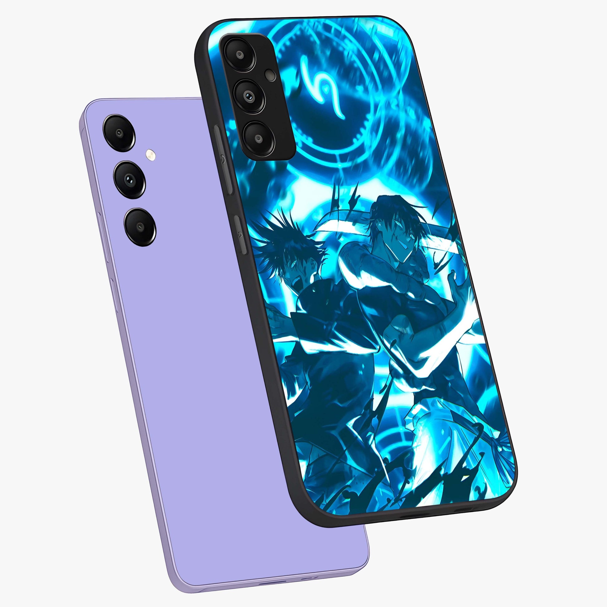 Cursed Energy Clash Glass Case displayed in angled mockup highlighting powerful battle inspired graphic with anime style aesthetic.