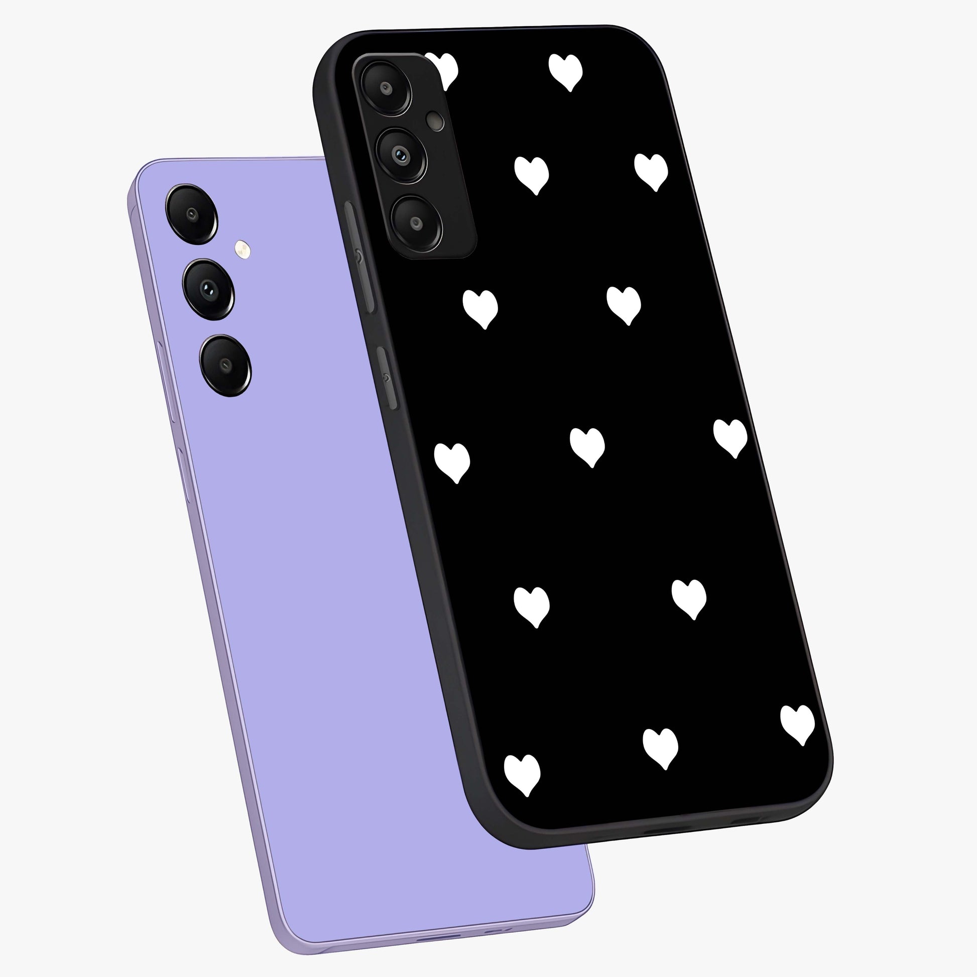 Cute And Simple White Hearts Glass Case displayed in angled mockup highlighting cute heart design with clean aesthetic style.