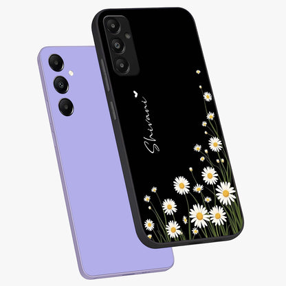 Daisy Cascade Custom Name Glass Case displayed in angled mockup highlighting delicate daisy artwork with custom name feature.