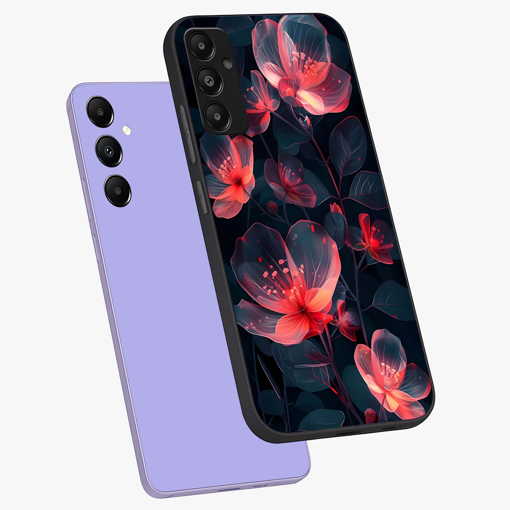 Dark Shade of Flower Glass Case displayed in angled mockup highlighting moody floral illustration with aesthetic dark tones.