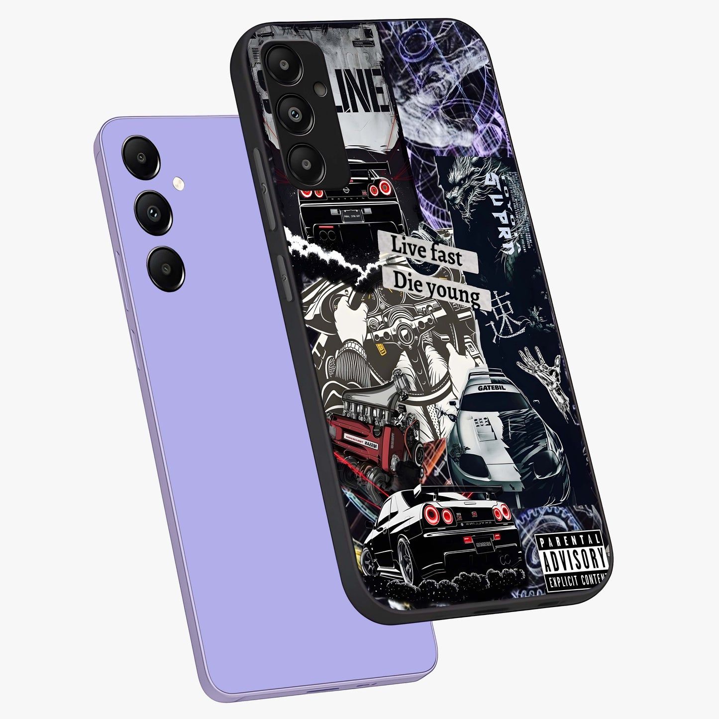 Die Young Glass Case displayed in angled mockup highlighting expressive graphic artwork with edgy aesthetic style.
