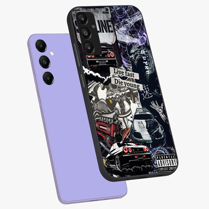Die Young Glass Case displayed in angled mockup highlighting expressive graphic artwork with edgy aesthetic style.
