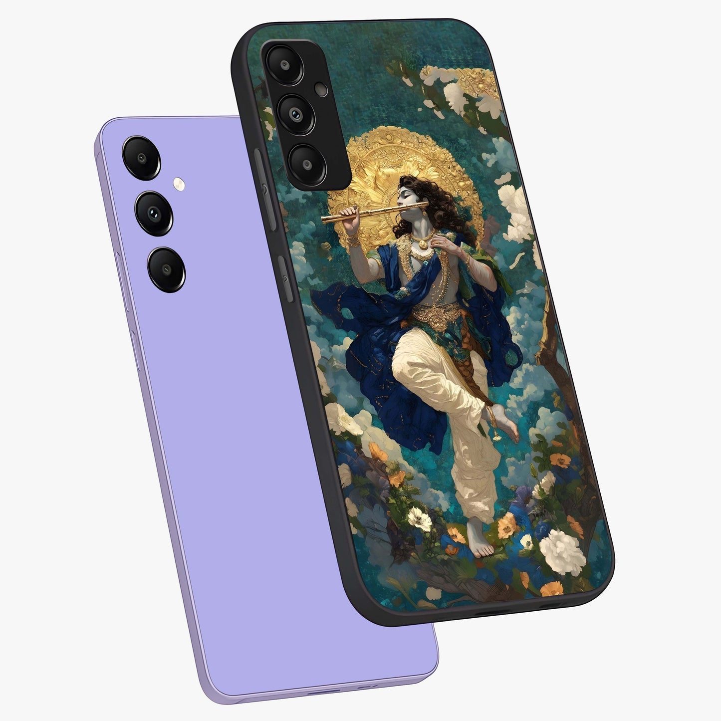 Divine Krishna Art Glass Case displayed in angled mockup highlighting spiritual Krishna illustration with devotional aesthetic.