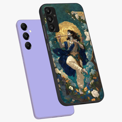 Divine Krishna Art Glass Case displayed in angled mockup highlighting spiritual Krishna illustration with devotional aesthetic.