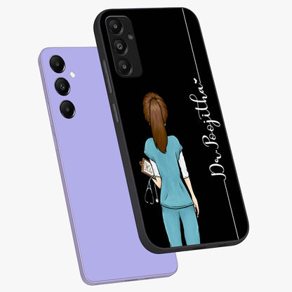 Doctor Pattern Custom Name Glass Case displayed in angled mockup highlighting doctor inspired artwork with custom name feature.