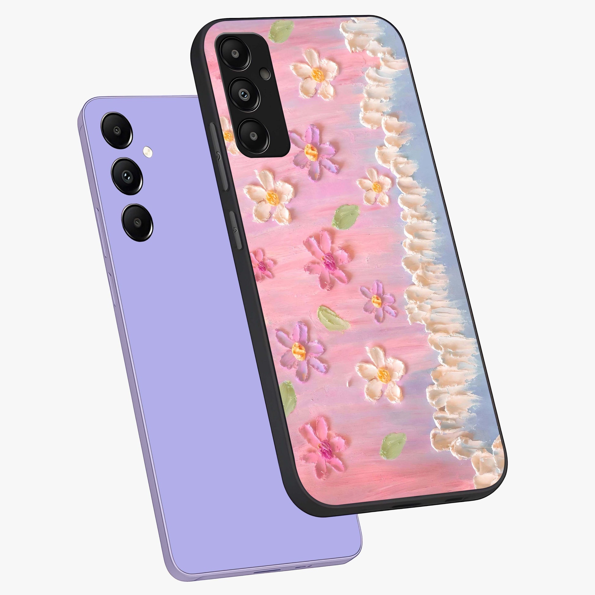 Dreamy Painted Garden Glass Case displayed in angled mockup highlighting colorful garden illustration with dreamy aesthetic style.