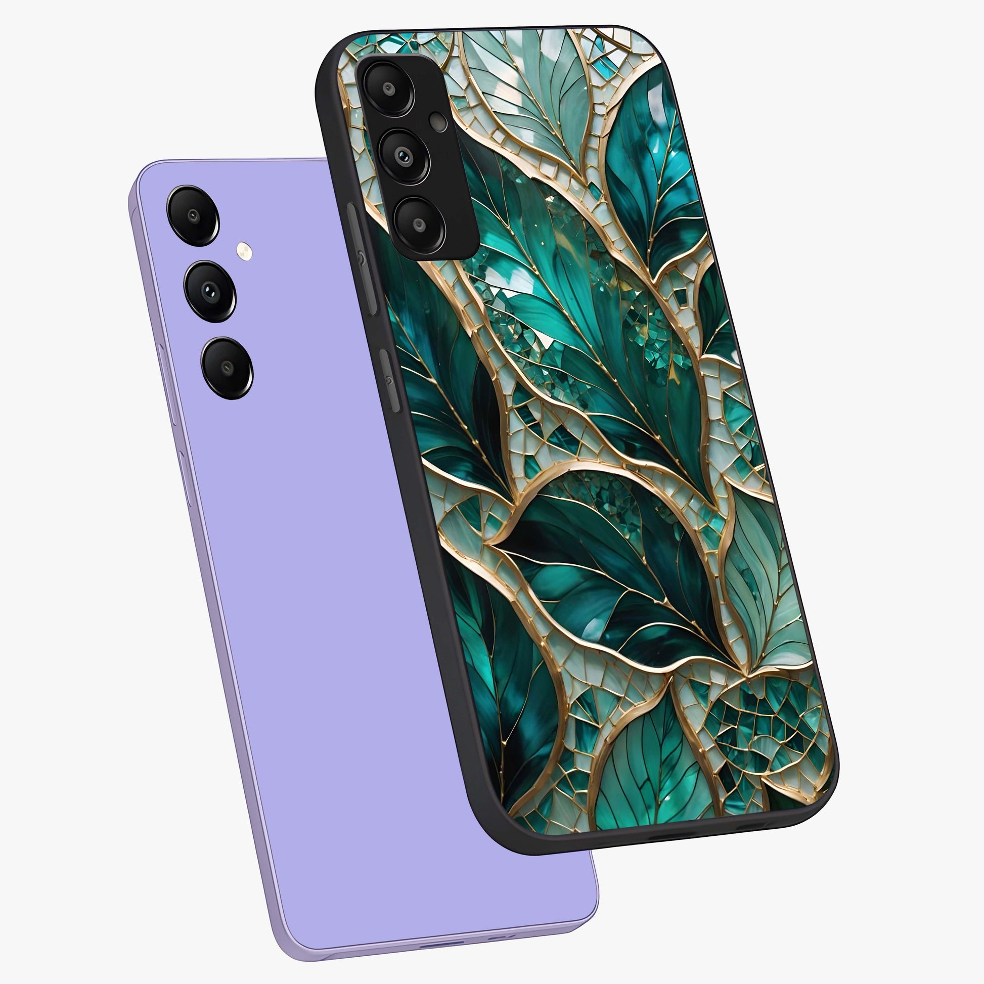 Emerald Leaf Glass Glass Case displayed in angled mockup highlighting botanical leaf illustration with elegant natural aesthetic.