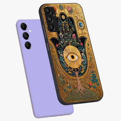 Ethereal Evil Eye Glass Case displayed in angled mockup highlighting protective evil eye symbol with spiritual aesthetic design.
