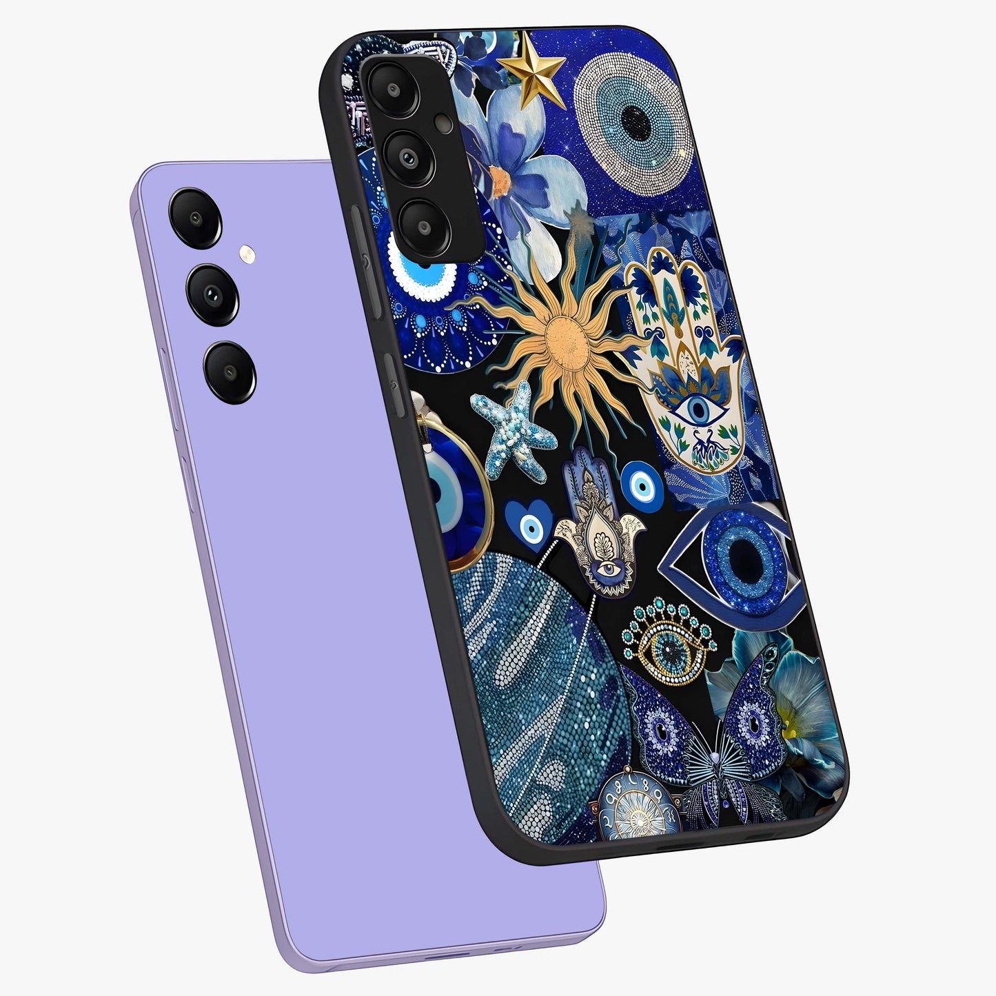 Evil Eye Charm Mix Glass Case displayed in angled mockup highlighting protective evil eye symbols with spiritual aesthetic design.