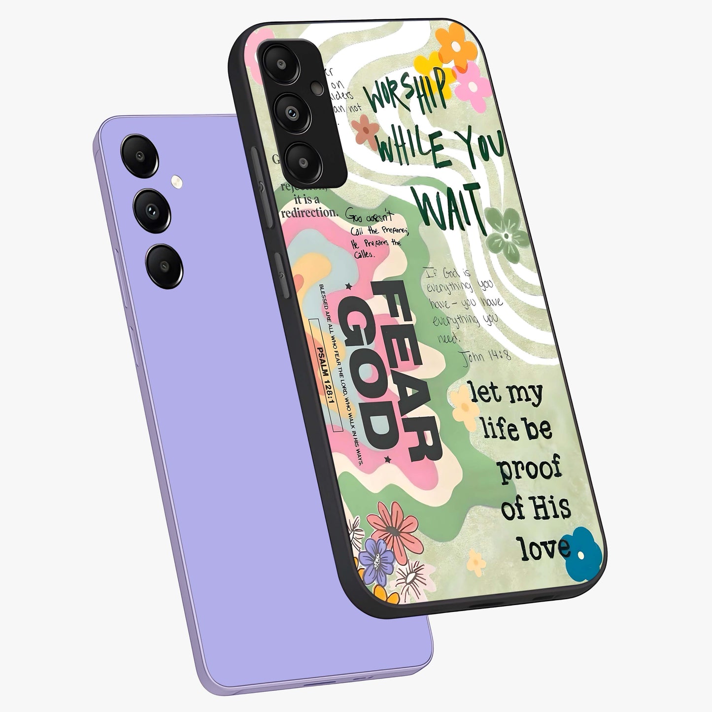 Faith Over Fear Glass Case displayed in angled mockup highlighting inspirational message design with modern aesthetic style.