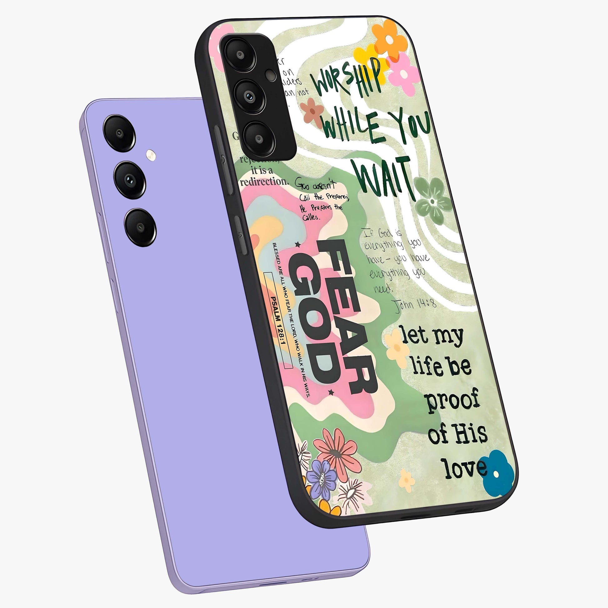 Faith Over Fear Glass Case displayed in angled mockup highlighting inspirational message design with modern aesthetic style.