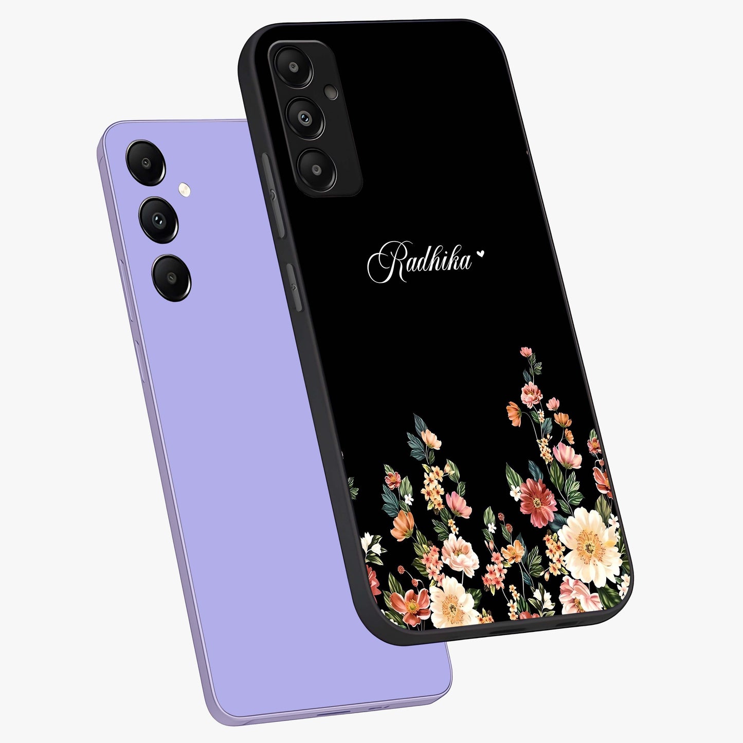 Floral Design With a Custom Personalized Name Glass Case displayed in angled mockup highlighting elegant floral pattern with custom name feature.
