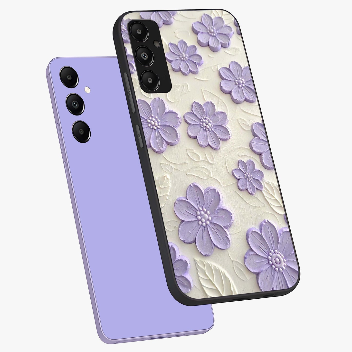 Floral Wall Art With Purple Flowers Glass Case displayed in angled mockup highlighting vibrant purple floral illustration with artistic aesthetic.