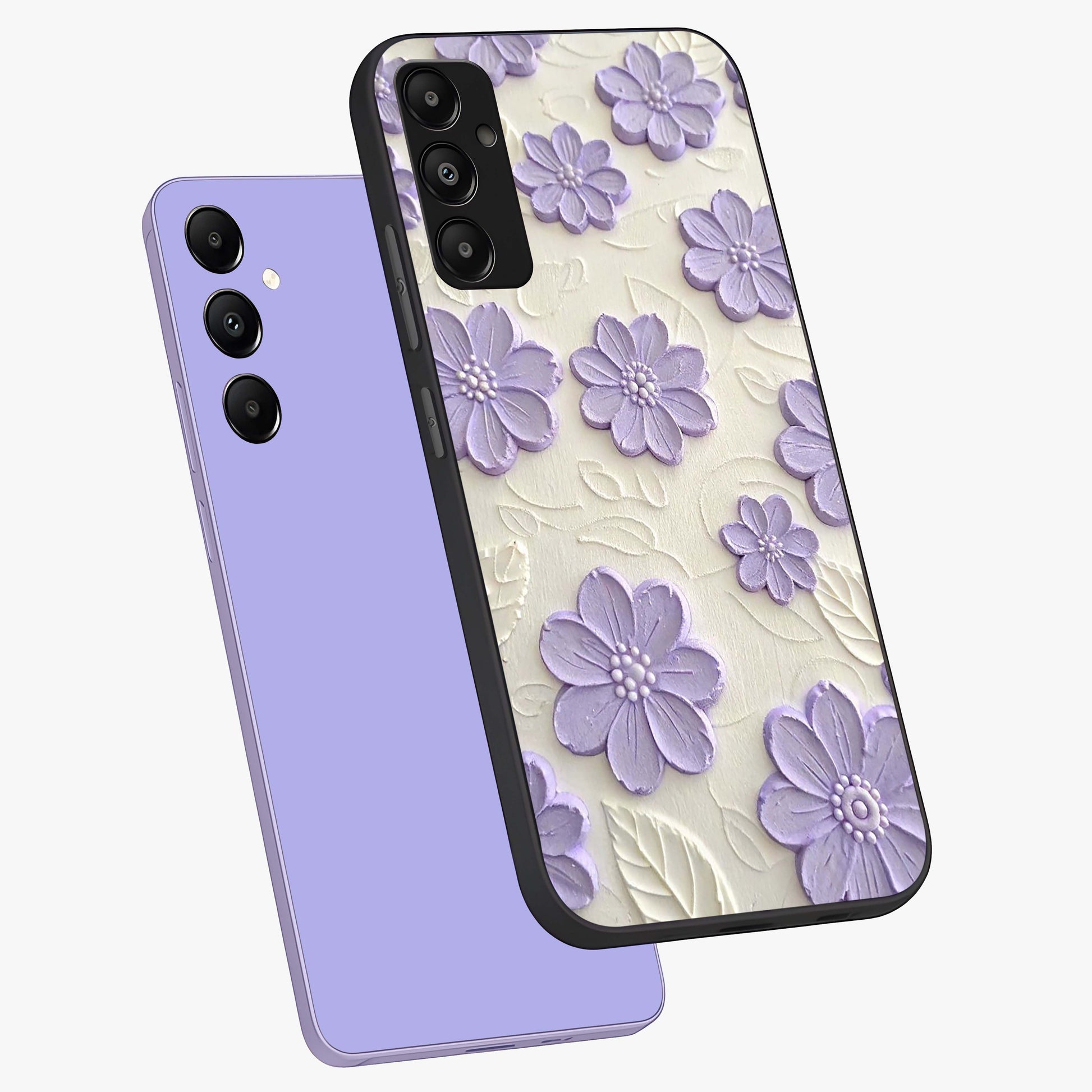 Floral Wall Art With Purple Flowers Glass Case displayed in angled mockup highlighting vibrant purple floral illustration with artistic aesthetic.