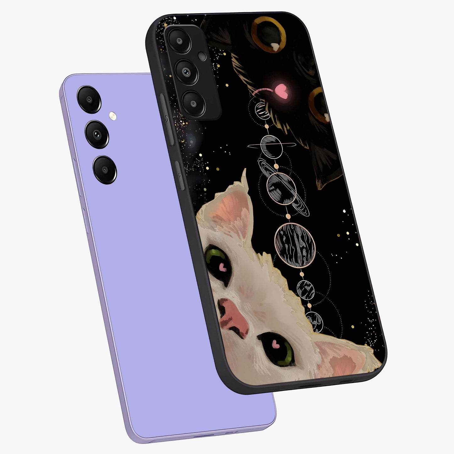 Galactic Cat Glass Case displayed in angled mockup highlighting celestial feline illustration with galaxy aesthetic style.