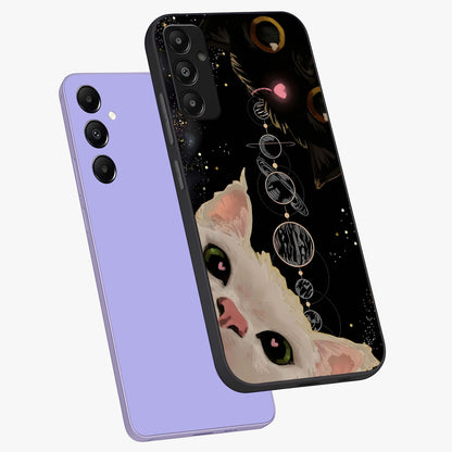 Galactic Cat Glass Case displayed in angled mockup highlighting celestial feline illustration with galaxy aesthetic style.