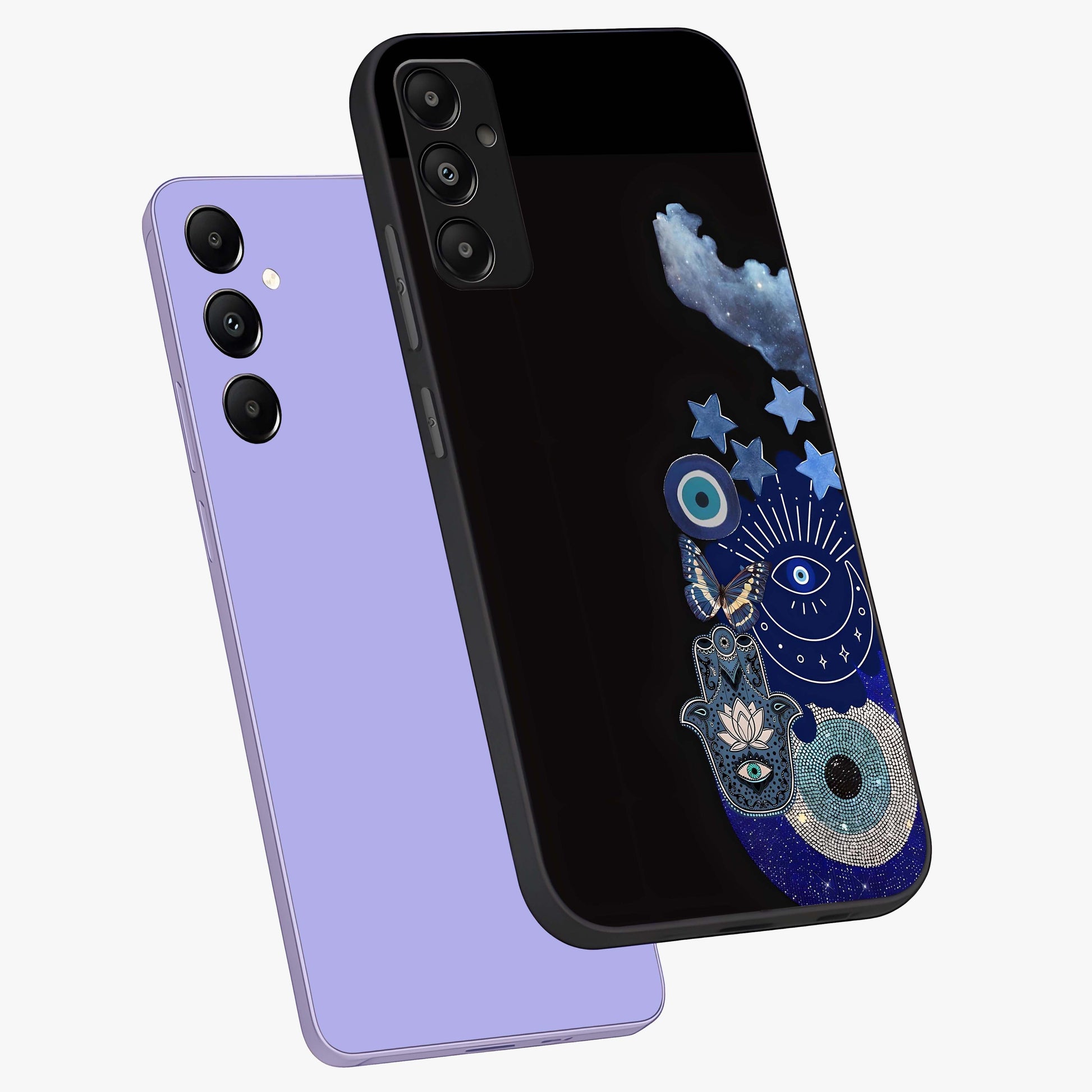 Galactic Charm Cluster Glass Case displayed in angled mockup highlighting luminous galaxy inspired design with dreamy aesthetic.