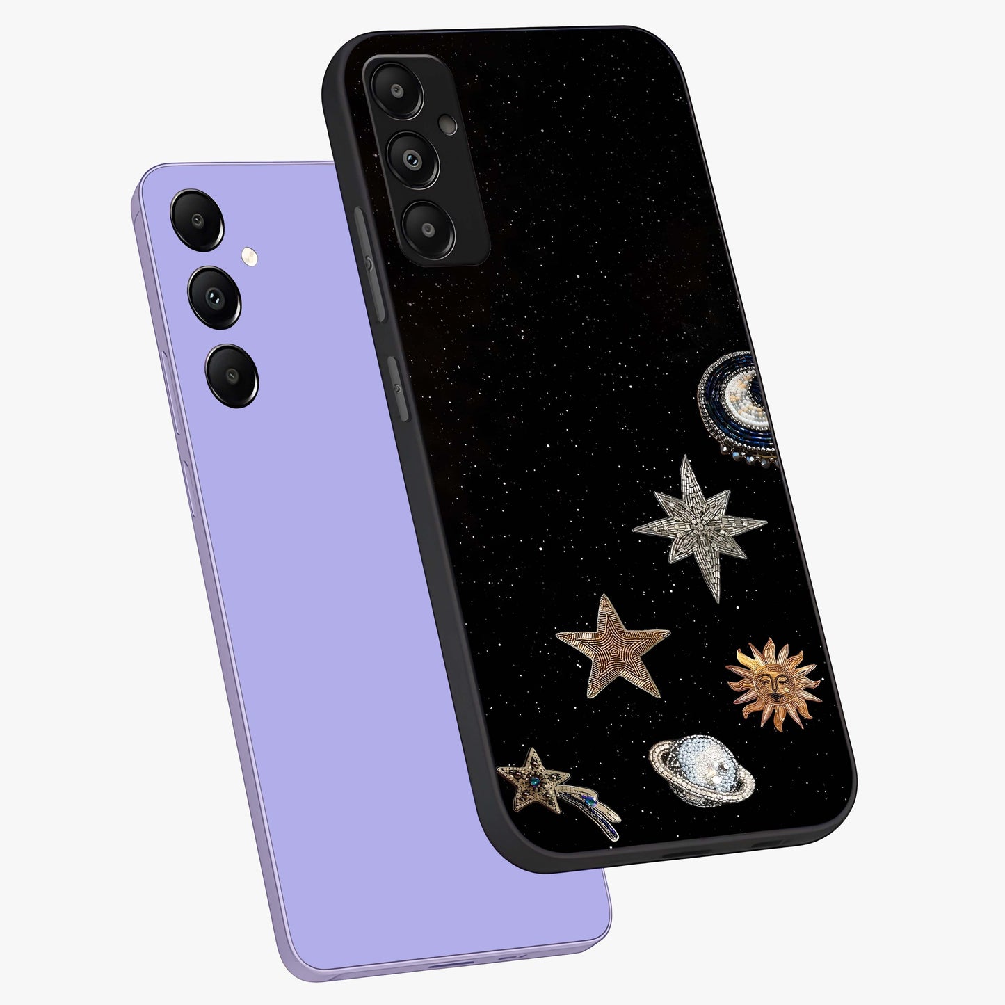 Galactic Charm Glow Glass Case displayed in angled mockup highlighting luminous galaxy inspired design with dreamy aesthetic.