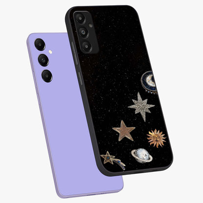 Galactic Charm Glow Glass Case displayed in angled mockup highlighting luminous galaxy inspired design with dreamy aesthetic.
