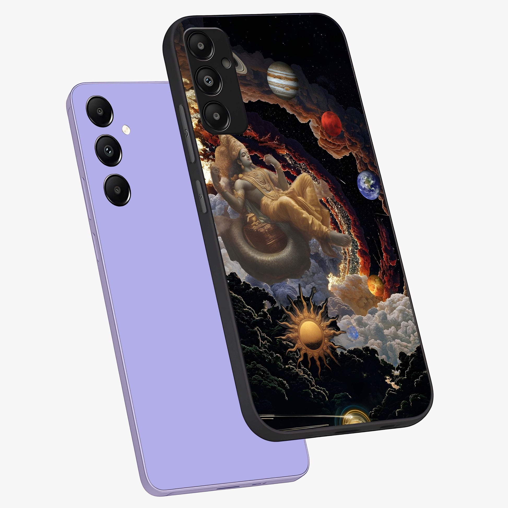 Galactic Divine God Glass Case displayed in angled mockup highlighting powerful celestial deity illustration with galactic aesthetic.