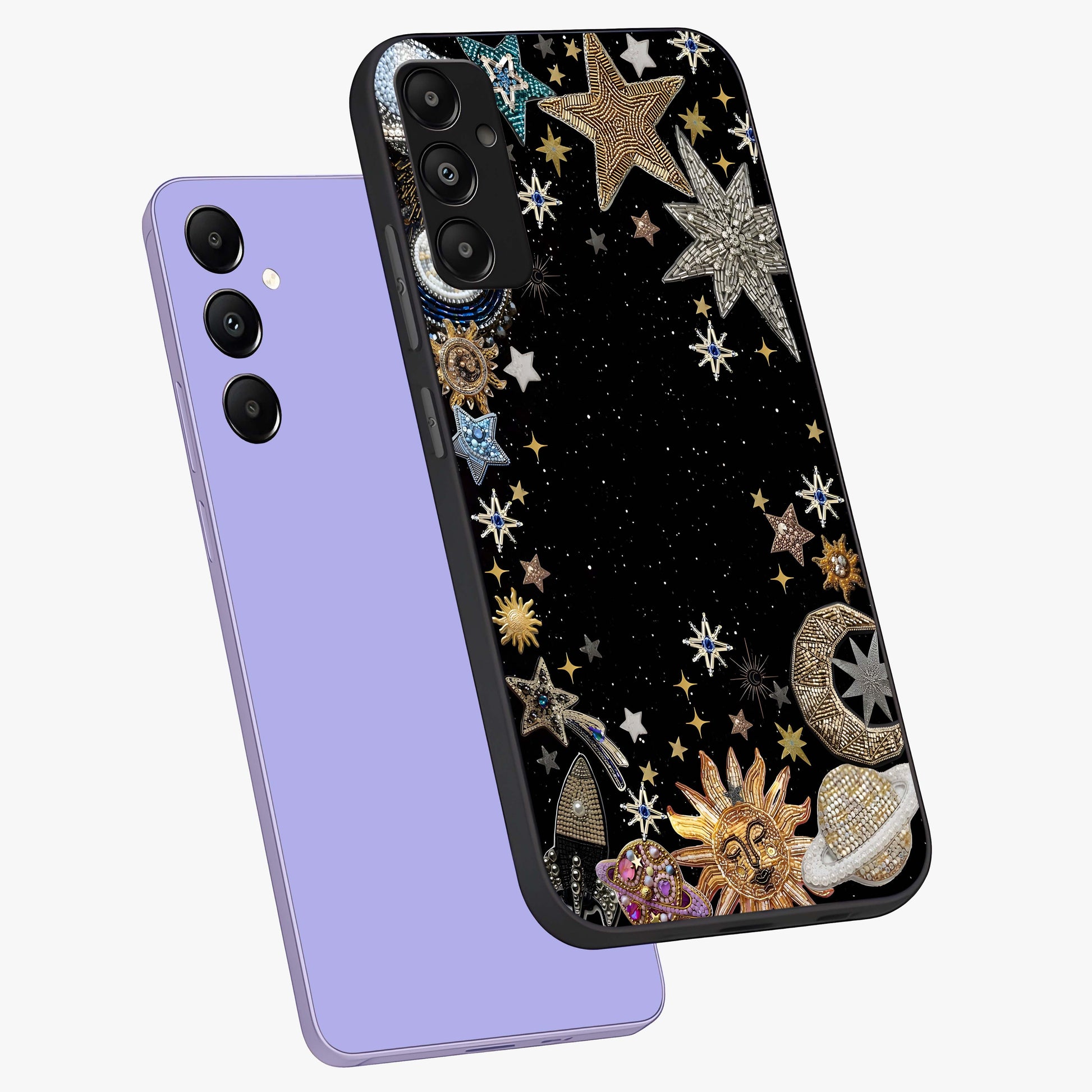 Galactic Jewel Stars Glass Case displayed in angled mockup highlighting shining celestial star design with cosmic aesthetic style.