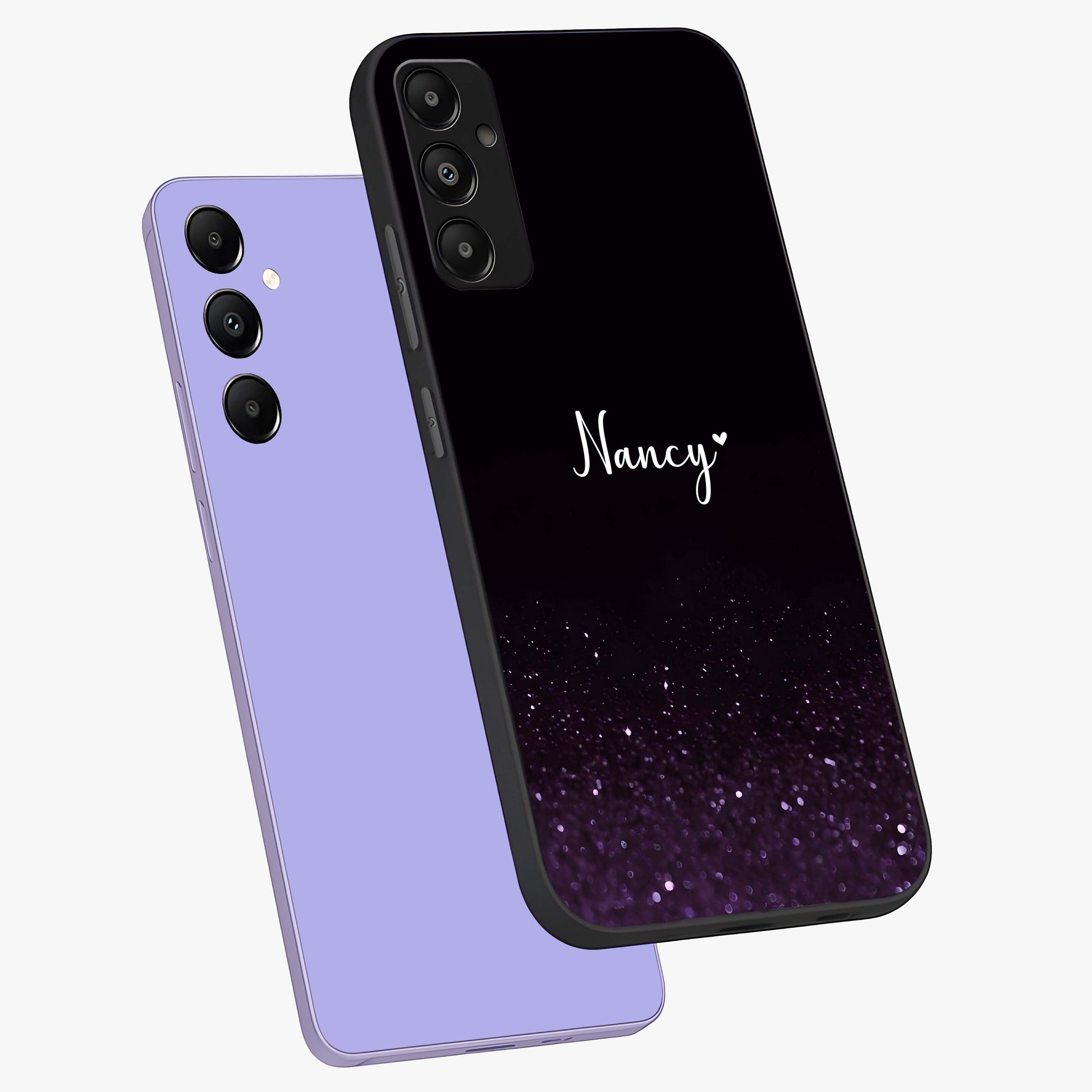 Glittery Purple Bokeh Custom Name Glass Case displayed in angled mockup highlighting glitter bokeh pattern with custom name feature.