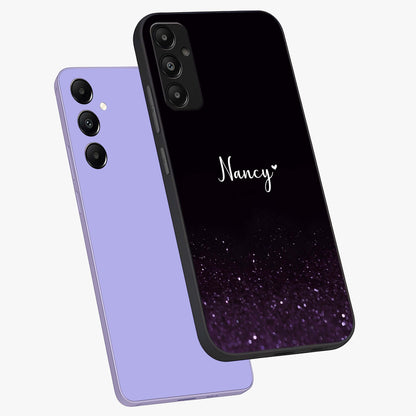 Glittery Purple Bokeh Custom Name Glass Case displayed in angled mockup highlighting glitter bokeh pattern with custom name feature.