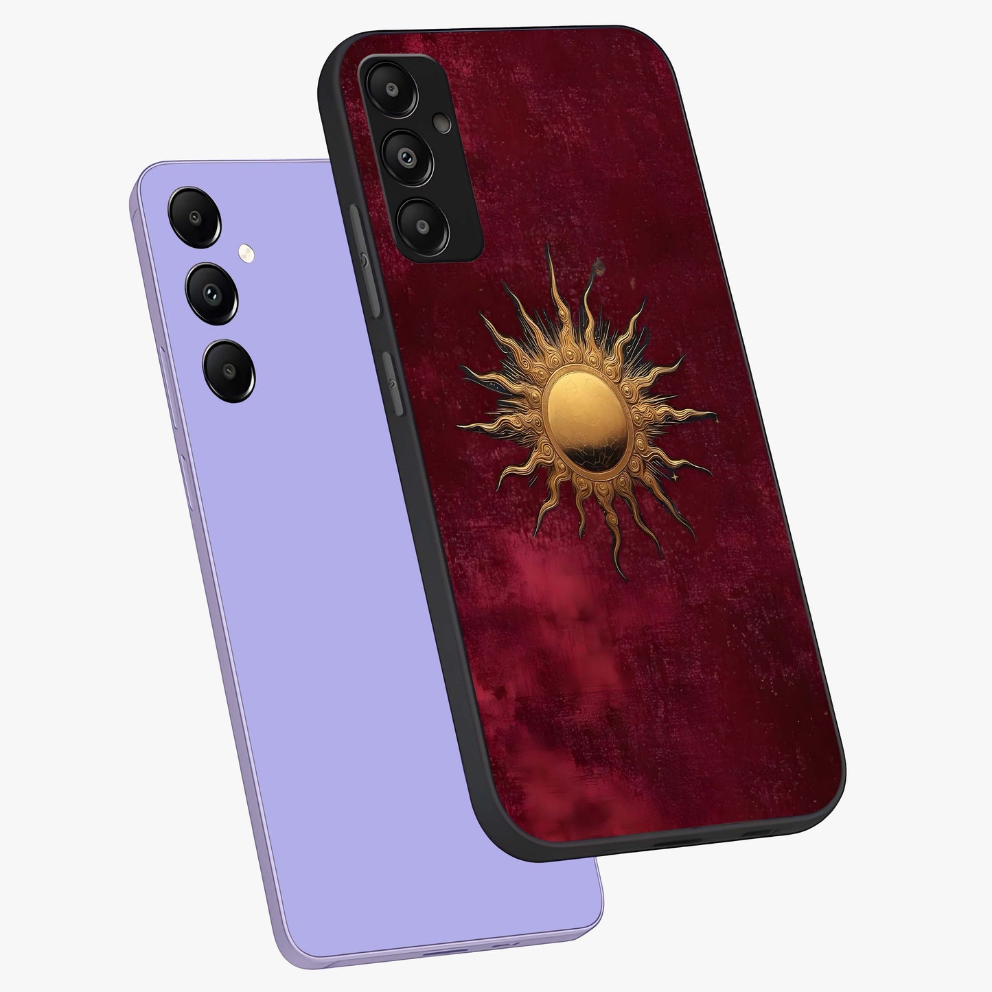 Golden Sun Minimalism Glass Case displayed in angled mockup highlighting clean sun symbol design with modern minimal aesthetic.