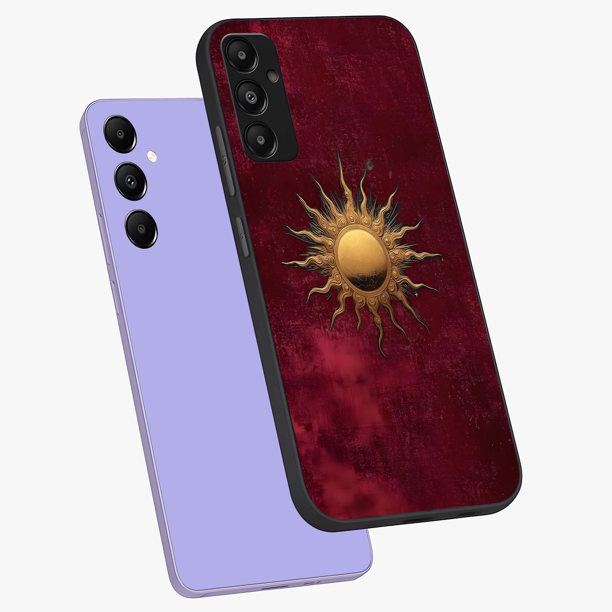 Golden Sun Minimalism Glass Case displayed in angled mockup highlighting clean sun symbol design with modern minimal aesthetic.