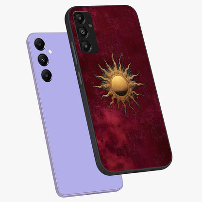 Golden Sun Minimalism Glass Case displayed in angled mockup highlighting clean sun symbol design with modern minimal aesthetic.