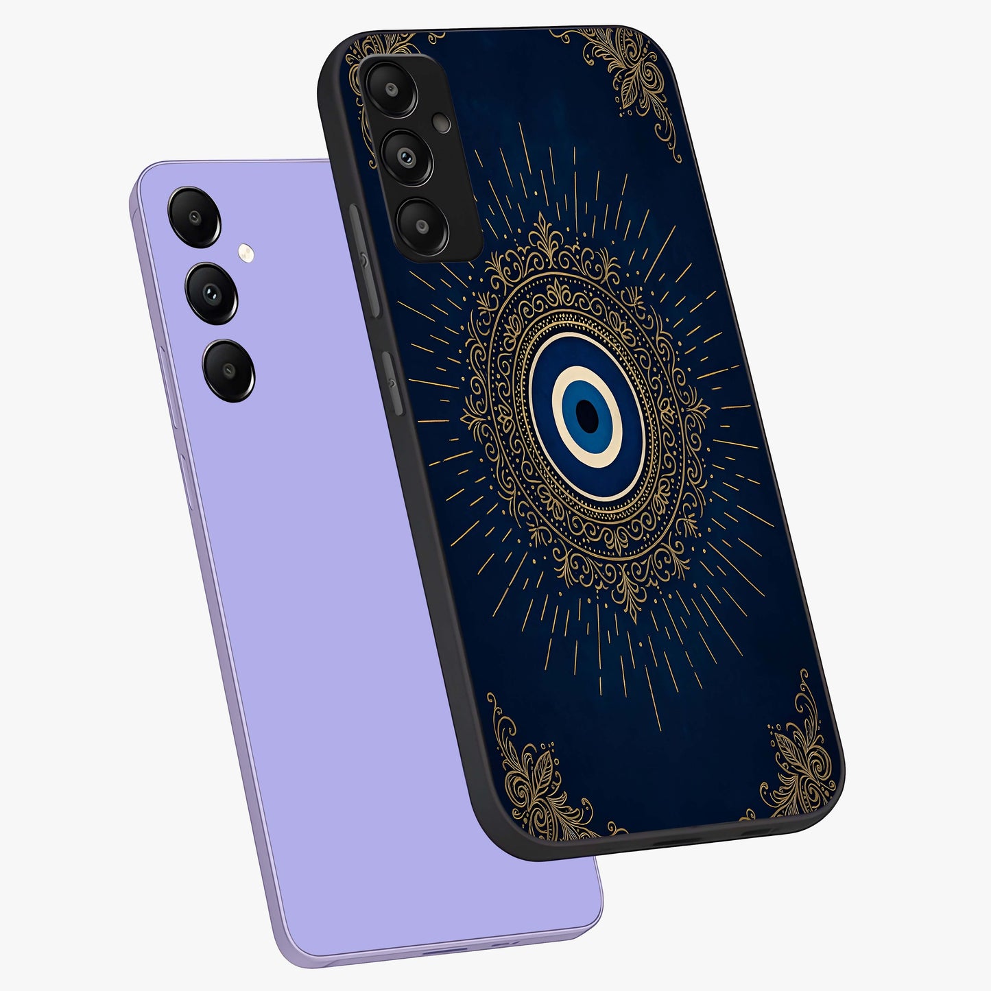 Golden Celestial Charm Glass Case displayed in angled mockup highlighting sparkling cosmic charm design with celestial aesthetic.