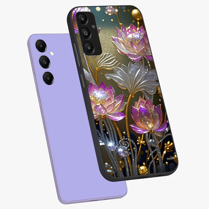 Golden Floral Majesty Glass Case displayed in angled mockup highlighting elegant flower design with royal golden aesthetic.