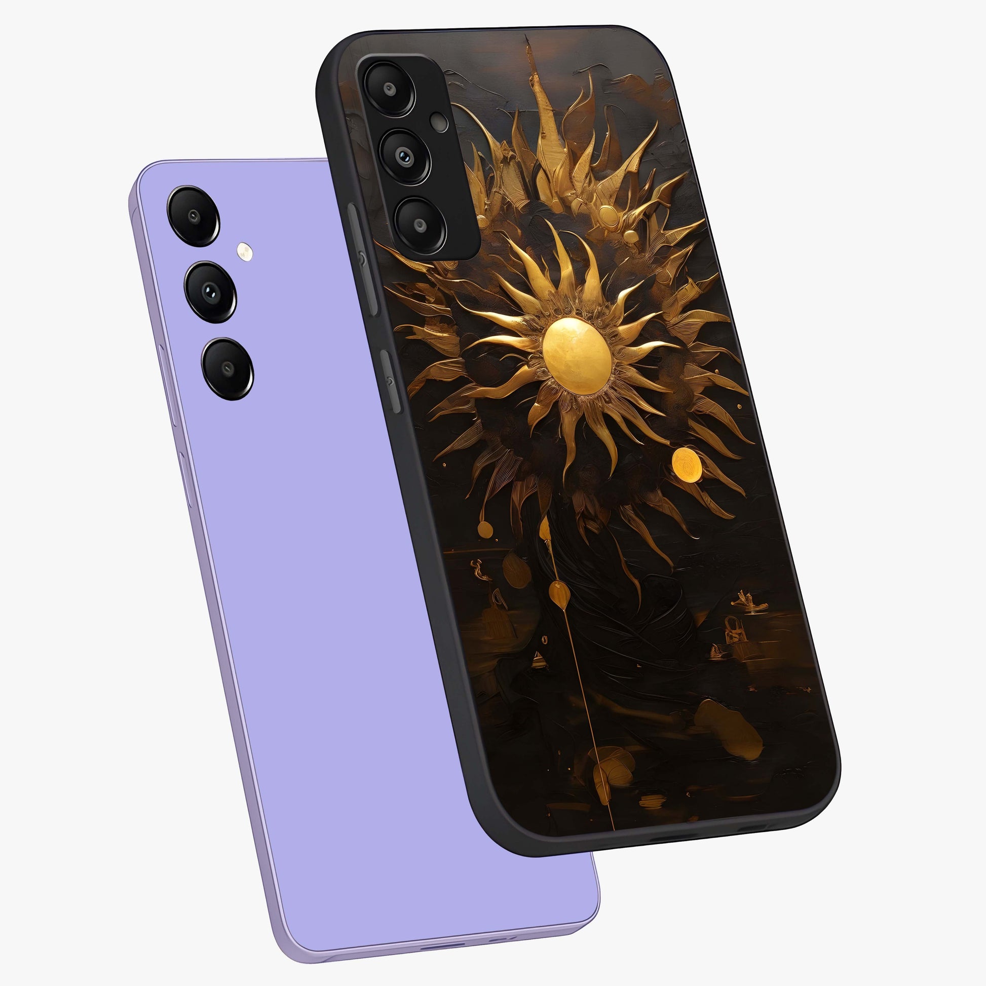 Golden Sun Majesty Glass Case displayed in angled mockup highlighting eerie shadow illustration with gothic aesthetic.
