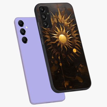 Golden Sun Majesty Glass Case displayed in angled mockup highlighting eerie shadow illustration with gothic aesthetic.