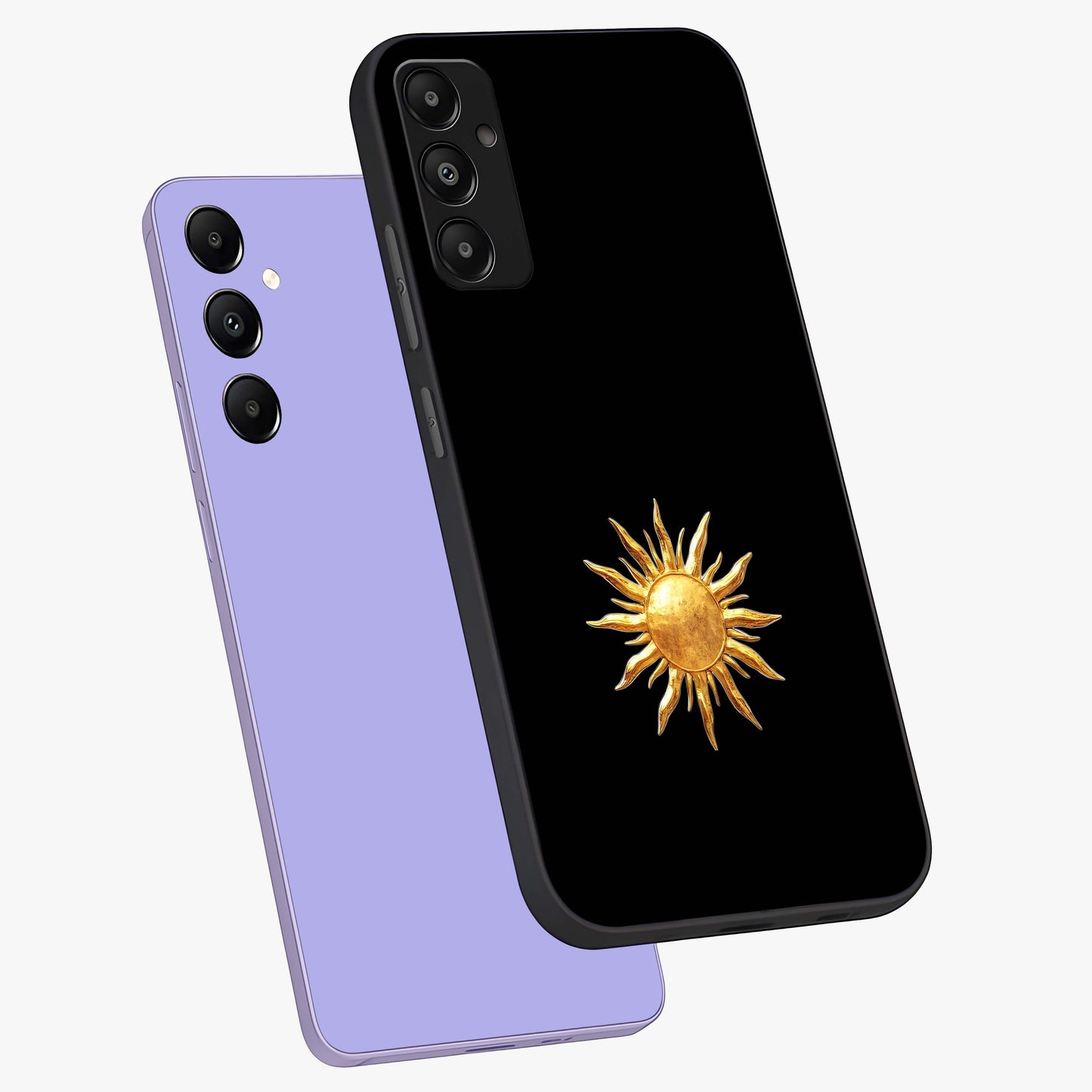 Golden Sun Minimalism Glass Case displayed in angled mockup highlighting eerie shadow illustration with gothic aesthetic.