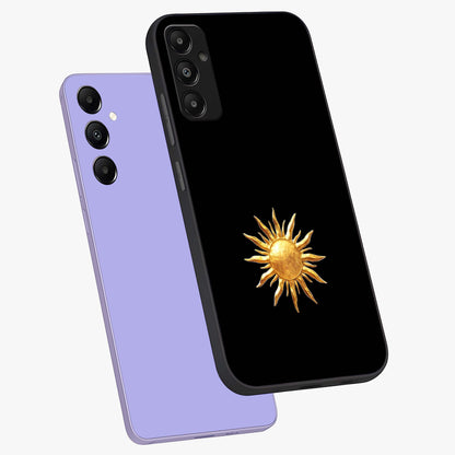 Golden Sun Minimalism Glass Case displayed in angled mockup highlighting eerie shadow illustration with gothic aesthetic.